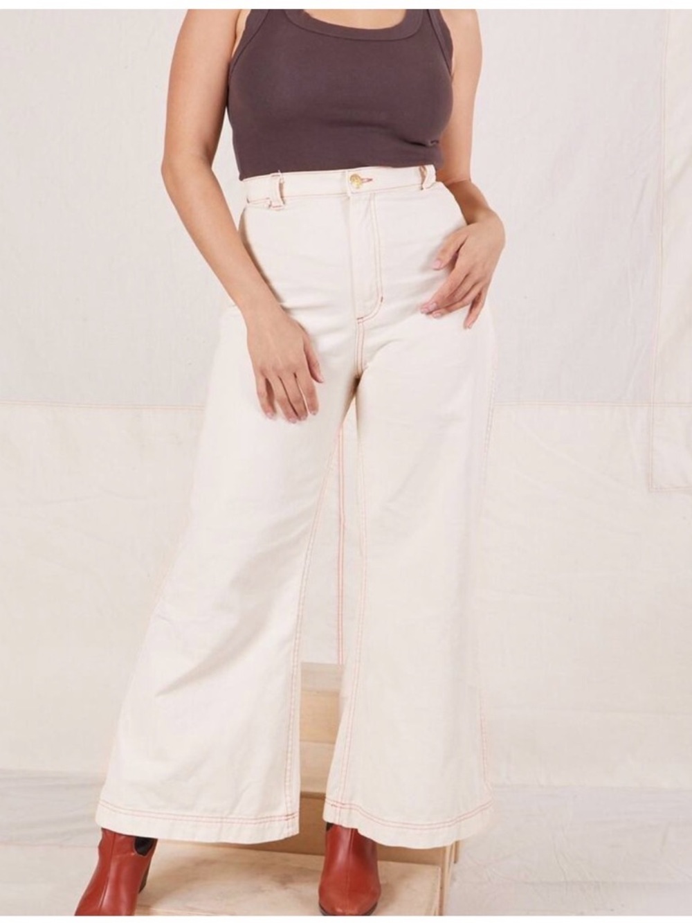 Big Bud Press Cream White Red Stitching Wide Leg Flare Bottom Denim Jeans‎ 30